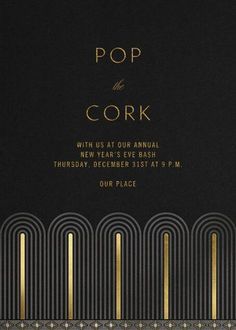 a black and gold party card with the words pop in the cor on it