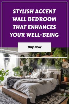 a bedroom with plants on the wall and an image of a bed in front of it