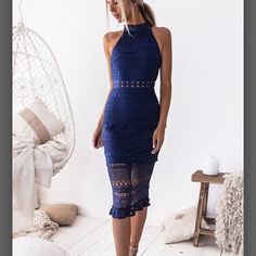 Beautiful Lace Midi Dress. Works With Any Body Type. Brand New With Tags. Love It But Too Small For Me. Navy Lace Dress With Boots, Cheap Lace Trim Midi Dress For Party, Lace Cocktail Dresses Midi, Luxury Blue Lace Dress For Cocktail Events, Alluring Dream Navy Blue Floral Mesh Lace Trumpet Midi Dress, Blue Sheath Dress For Party, Blue Sheath Party Dress, Blue Long Sleeve Midi Dress For Party, Blue Sheath Midi Dress For Party