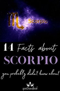 the words scorpio are written in gold and purple on a black background