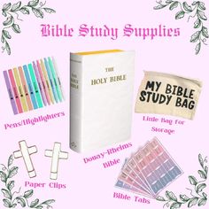 the bible study supplies are displayed on a pink background