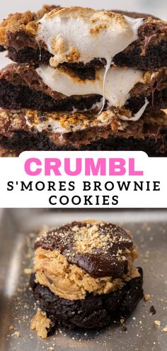 some cookies are stacked on top of each other and the words crumbl s'mores brownie cookies