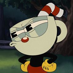 a cartoon character with glasses and a hat on, standing in front of a tree