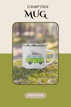 a camper mug sitting on top of grass with the words camping mug above it