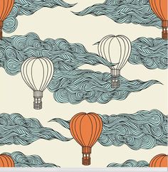 hot air balloons flying in the sky with waves and clouds behind them, on a beige background