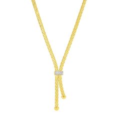 A lariat style necklace of woven 14k yellow gold is tied simply with an elegant band of diamonds. Necklace is 17 inches long and closes with a lobster clasp. Necklace Information Clasp Type Lobster Clasp Setting Type Prong Avaliable Sizes 17' Metal 14K Yellow Gold Diamond Information Min ct. tw. 0.09 Shape Round Average Color J Average Clarity I2 Setting Type Prong Bling Accessories, Lariat Style Necklace, Diamonds Necklace, Gold Cocktail Ring, Black Sapphire, Gold Cocktail, Blue Sapphire Rings, Lariat Necklace, Style Necklace