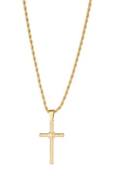 A gold plated cross pendant is styled with a rope chain for a classic look. . Cross pendant with rope chain. Lobster clasp. Imported Gold plated titanium Keep Jewelry, Rope Chain, Gold Details, Cross Pendant, Classic Looks, Lobster Clasp, Eye Candy, 18k Gold, Gold Necklace