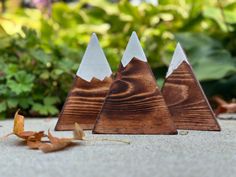 three small wooden mountains sitting on top of a cement ground next to leaves and plants