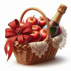 a wicker basket filled with apples and a bottle of champagne