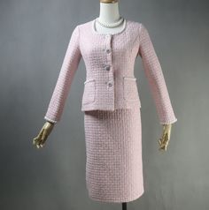 Radiate sophistication and charm with our Women Custom Made Light Pink Pearls Decoration Tweed Jacket + Skirt/Trousers Pink Suit. This exquisite ensemble, adorned with delicate pearls and crafted with precision, is designed exclusively for your most cherished moments, including weddings, graduation ceremonies, and other special occasions. Features: 1. Custom Made for You: Each suit is meticulously tailored to your measurements, ensuring a flawless fit that accentuates your unique figure. Embrace the joy of owning a personalized outfit crafted exclusively for you. 2. Enchanting Light Pink Tweed: The suit features a captivating light pink tweed fabric, adding a touch of timeless beauty and refinement to the ensemble. The tweed exudes an air of luxury and sophistication. 3. Delicate Pearl Emb Suit Graduation, Suit For Ladies, Wedding Guest Suits, Tweed Jacket And Skirt, Skirt Trousers, Long Skirt Suits, Tweed Top, Pearl Decorations, Pink Tweed