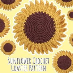 the sunflower crochet coaster pattern is shown in brown and yellow colors, on a light yellow background