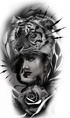 a woman with a tiger's head on her face and roses around her neck