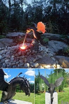 the dragon statue is lit up and ready to be used as a fire pit or fountain