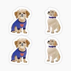 four stickers with different dogs in blue shirts and hearts on their collars, one is