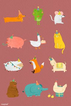 an image of many different animals in the same color and size on a pink background