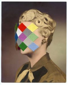 a woman's face with different colored squares on her face and hair pulled back