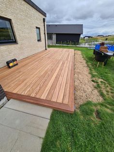 a wooden deck in front of a house