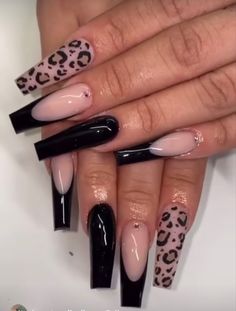 Black Nails Animal Print, Black French Nails, Blue Ombre Nails, Animal Print Nails Art, Leopard Print Nails, Glamour Nails, Leopard Nails, Print Nails