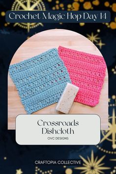 two crocheted dishcloths on top of a wooden table with stars in the background