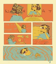 a comic strip with an image of a woman in the water and another cartoon character looking at her reflection