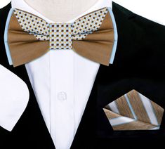 Elevate Your Ensemble: Light Blue and Brown Geometric Silk Bow Tie In the world of sophisticated fashion, there exists an exquisite silk bow tie that transcends the ordinary, offering a fusion of modern design and timeless elegance. The Light Blue and Brown Geometric Silk Bow Tie embodies refinement and versatility, making it a quintessential accessory for the discerning gentleman. Unveiling the Design: This remarkable bow tie boasts a captivating blend of light blue and brown, intricately woven White Pocket Square, Brown Bow Tie, Brown Suit, Tie Matching, Sophisticated Fashion, Tie Bow Tie, Tie Pattern, Silk Bow Ties, Bow Tie Set