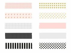 the different patterns and colors of washi tape are shown in black, white, pink, and gold