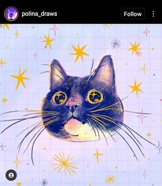 an image of a cat's face with yellow eyes and stars in the background