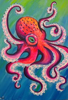 an octopus painting on canvas with blue and green background