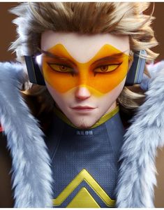 a close up of a person wearing headphones with yellow eyes and fur on their shoulders