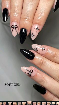 Black Styled Nails, Nail Art Designs Edgy, Misa Amane Nails Ideas, Easy Goth Nail Designs, Almond Nails Designs Edgy, Black And Plum Nails, Homecoming Nail Inspo Almond, Black Almond Acrylic Nails Design, Almond Nails White And Black