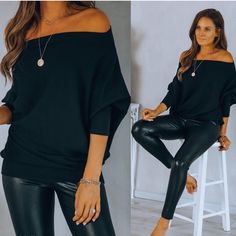 Black Knit Off Shoulder Women Pullover Sweater Tops Pullover Sweater Loose Fit Chic Oversized Fall Tops, Winter Stretch Black Long Sleeve Top, Black Stretch Long Sleeve Top For Winter, Black Long Sleeve Top For Winter Layering, Chic Batwing Sleeve Tops For Fall, Knit Top For Night Out In Fall, Black Long Sleeve Knit Top For Fall, Chic Long Sleeve Sweatshirt For Fall, Chic Batwing Sleeve Sweater For Fall