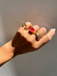 Gold Statement Ring Boho Ring Gold Band Ring Gold Ring - Etsy Bohemian Stackable Open Ring, Festival Open Ring, Red Stackable Open Ring Jewelry, Bohemian Rings With Unique Design, Red Stackable Open Ring, Unique Open Ring For Festival, Bohemian Brass Stackable Rings, Bohemian Red Open Ring Jewelry, Bohemian Brass Stackable Open Rings