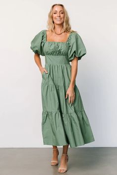 Cindy Puff Sleeve Tiered Dress | Dusty Green | Baltic Born Sage Green Dress With Sleeves, Blue Green Bridesmaid Dresses, Green Dress With Sleeves, Green Cotton Dress, Sage Green Dress, Tiered Midi Skirt, Blue Sage, Baltic Born, Dusty Green