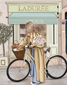 a painting of a woman standing next to a bicycle in front of a storefront