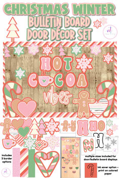 christmas winter bulletin board door decor set with pink and green decorations, including candy canes,