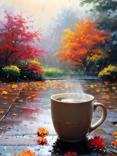 a painting of a coffee cup on a rainy day with autumn leaves and flowers around it