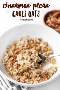 cinnamon pecan cauli oats in a white bowl with a spoon on top