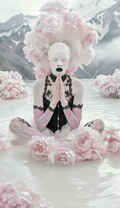 a woman with white makeup and pink flowers on her head sitting in the water