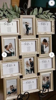 a table topped with lots of frames filled with pictures and greenery on top of it