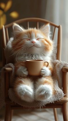 an orange and white cat sitting in a wooden chair with its eyes closed while holding a coffee cup