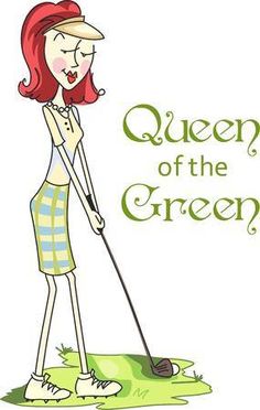 a woman is playing golf with the words queen of the green