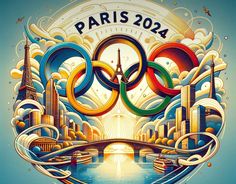 an olympic poster with the city skyline in the background