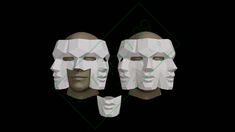 two white paper masks with green lines on the face and one in the other's head