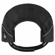 the back of a black visor with an adjustable strap and two zippers on it