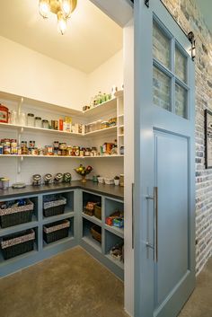 an open pantry with lots of food in it