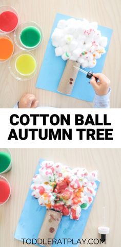 two photos with the words cotton ball autumn tree on them