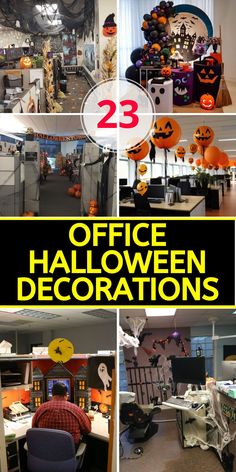 office halloween decorations are featured in this collage