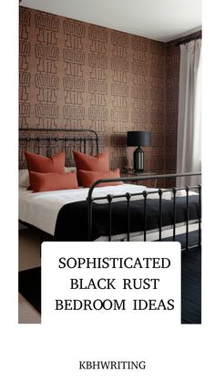 Stylish bedroom with black metal bed, rust-colored pillows, and geometric wallpaper. Warm Colour Palette, The Selection, Black, Design