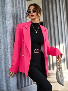 Pink Suit Styling, Pink Woman Suit, Mauve Blazer Outfits For Women, Long Pink Blazer Outfit, Pink Formal Outfits For Women, Hot Pink Business Outfit, Barbie Pink Blazer Outfit, Styling A Pink Blazer, Black And Hot Pink Outfits