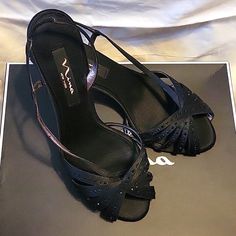 Nina Black Satin With Sparkle Stones Size 9m Dress Slingbacks 2 3/4" From Heel Bed To Tip Never Worn Silver Dress Shoes, Diamond Shoes, Silver Sparkly Heels, Black Satin Heels, Tie Heels, Lace Up Block Heel, Sparkle Heels, Ankle Strap Block Heel, Nina Shoes